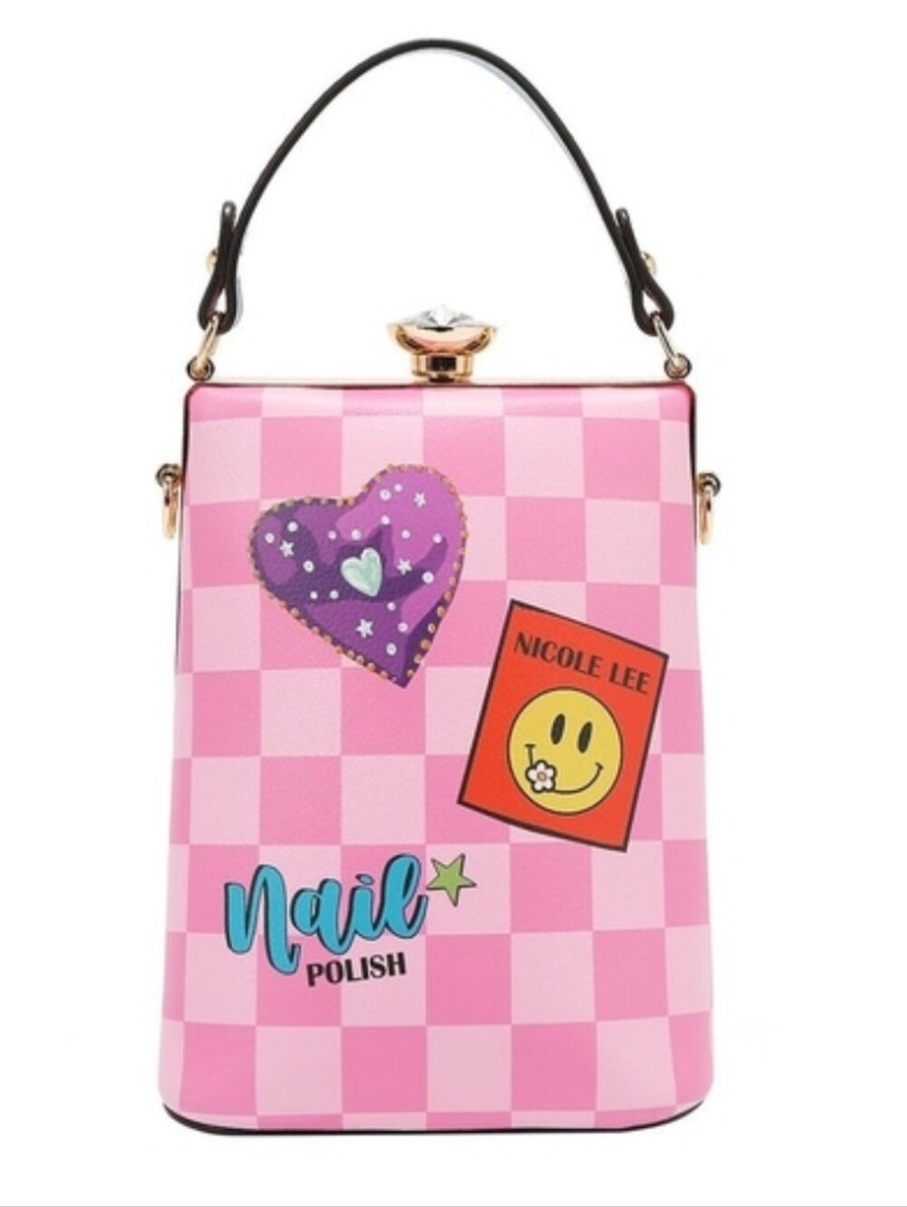 Nicole Lee Diamond Stone Clutch Pink Checkered and Nails